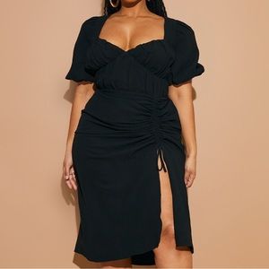 Black puff sleeve ruched side split midi dress